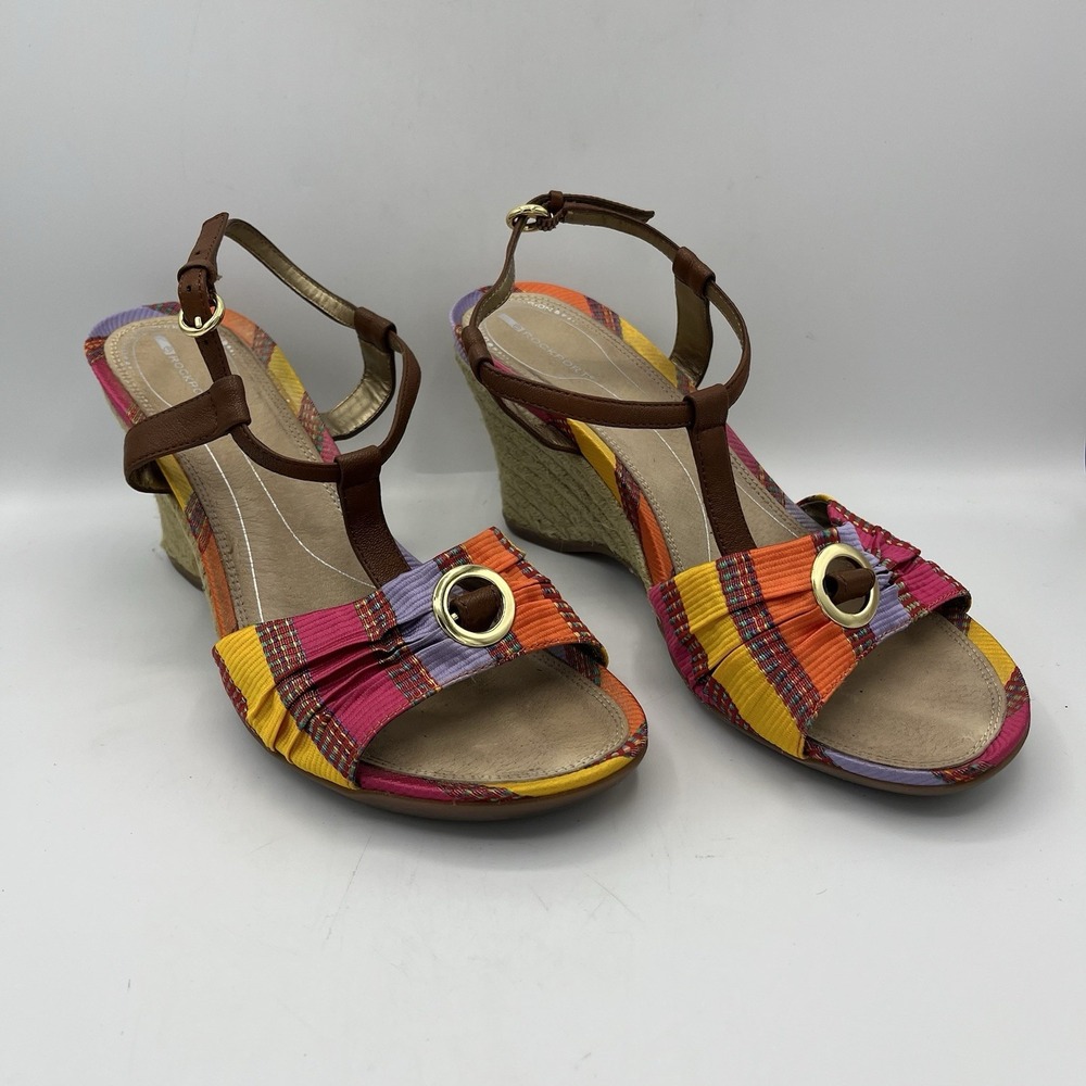 Rockport Womens Wedge Sandal Espadrile T-Strap Open Toe Leather Fabric 9 Striped